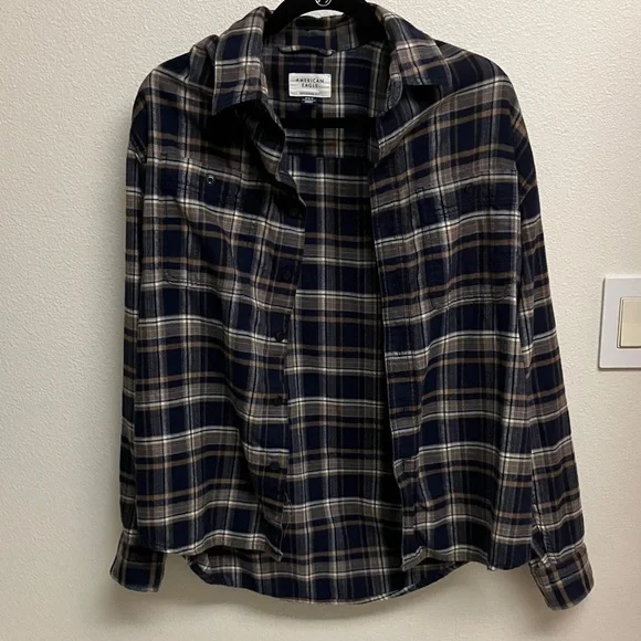 American Eagle Outfitters Navy and Brown Plaid Shirt - Picture 1 of 2